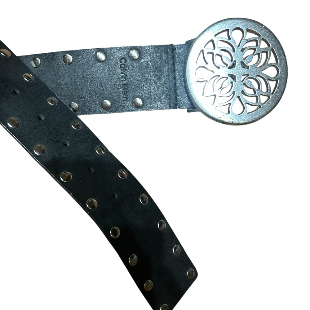 Calvin Klein Studded Genuine Leather Belt Size L | Silver Medallion Buckle - Picture 2 of 5